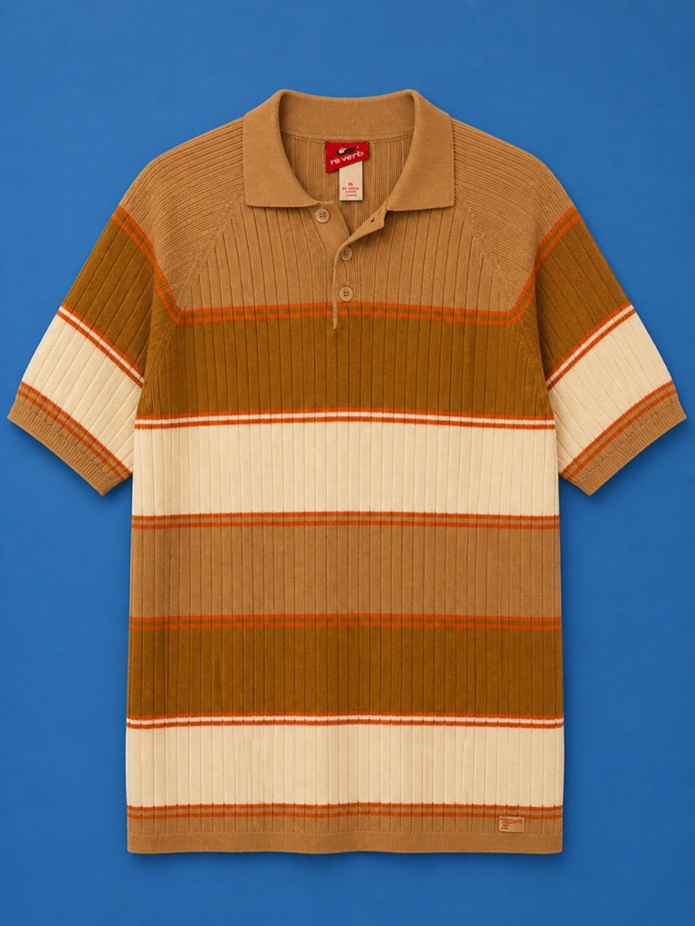 Vintage Y2K Reverb Ribbed Knit Polo Shirt Tan Brown Orange Striped XL